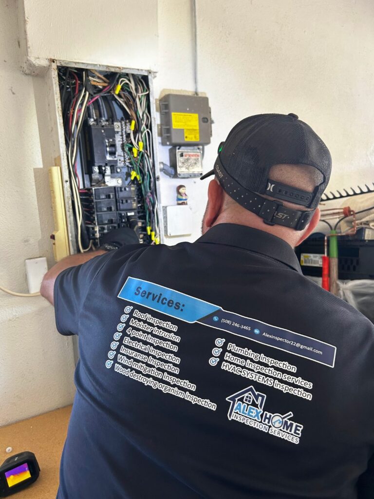 Home inspector checking an electrical panel during a Florida home inspection, the kind of finding buyers wonder is a home inspection deal breaker